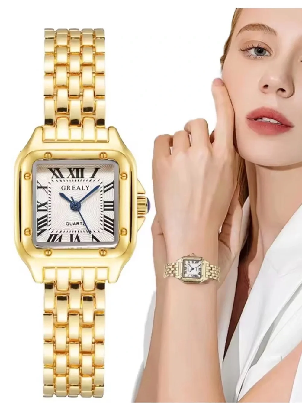 GrealY Gold-Tone Square Bracelet Watch with Roman Dial